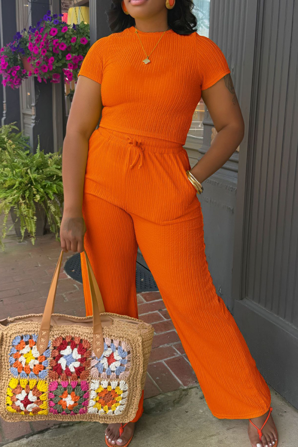 Tangerine Red Casual Solid Color Draw String O Neck Short Sleeve Two Pieces