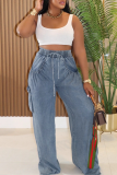 Blue Casual Solid Color Pocket Mid Waist Loose Denim Jeans