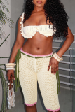 White Casual Solid Color Draw String Regular Low Waist Conventional Patchwork Bottoms