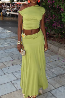 Green Elegant Solid Color Ruched Oblique Collar Two Pieces