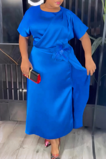 Blue Elegant Solid Color Strap Design O Neck Long Plus Size Dresses