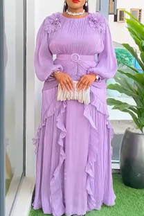 Light Purple Elegant Solid Color With Belt Flounce Flower Shape O Neck Long Plus Size Dresses