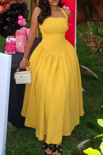 Yellow Elegant Solid Color Backless Halter Long Dresses