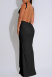 Black Sexy Solid Color Backless O Neck Long Dresses