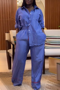 Blue Casual Stripe Buckle Turndown Collar Long Sleeve Two Pieces