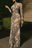 Khaki Sexy Print Hollow Out O Neck Long Dresses