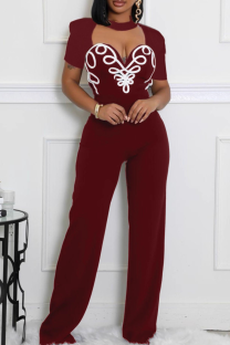 Burgundy Sexy Stripe Hollow Out O Neck Regular Jumpsuits