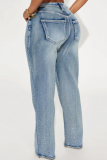Blue Casual Solid Color Hot Drill Mid Waist Straight Denim Jeans
