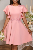 Pink Elegant Solid Color Embroidered Zipper O Neck Long Dresses