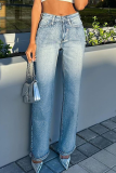 Blue Casual Solid Color Hot Drill Mid Waist Straight Denim Jeans
