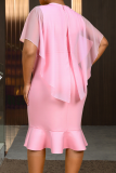 Pink Elegant Solid Color Flounce O Neck Evening Dresses