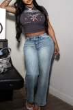Blue Casual Solid Color Hot Drill Mid Waist Straight Denim Jeans