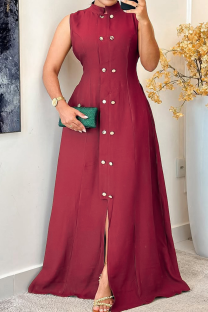 Burgundy Casual Elegant Solid Color Buckle Slit O Neck A Line Dresses