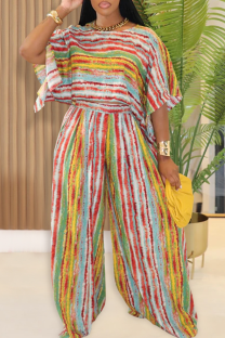 Green Yellow Casual Stripe Patchwork O Neck Half Sleeve Two Pieces