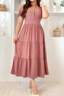Peach Elegant Solid Color Buckle Mandarin Collar A Line Dresses