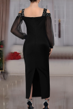 Black Elegant Solid Color Slit Hot Drill Spaghetti Strap Long Dresses