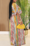 Green Yellow Casual Stripe Patchwork O Neck Half Sleeve Two Pieces