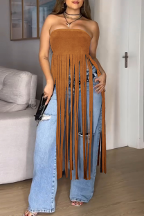 Brown Sexy Solid Color Fringed Trim Strapless Tops