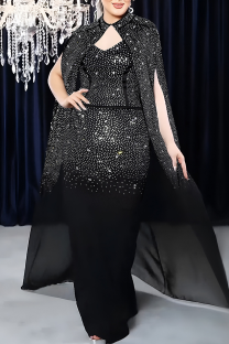 Black Elegant Solid Color Hot Drill Mandarin Collar Long Dresses