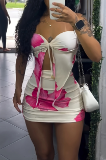 Pink Sexy Print Strap Design Strapless Sleeveless Two Pieces