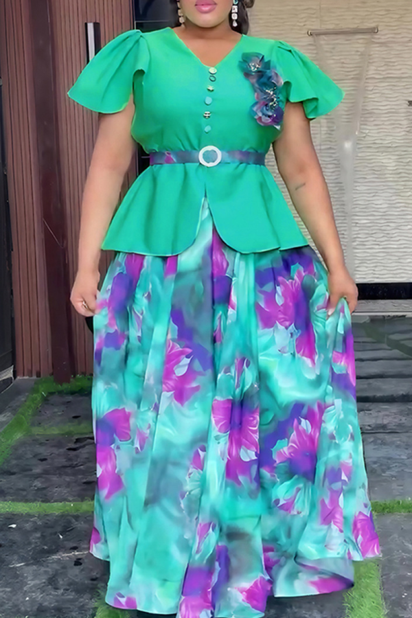 Green Elegant Print Buckle With Belt V Neck A Line Plus Size Dresses