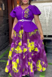 Green Elegant Print Buckle With Belt V Neck A Line Plus Size Dresses