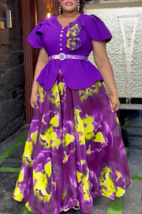 Purple Elegant Print Buckle With Belt V Neck A Line Plus Size Dresses