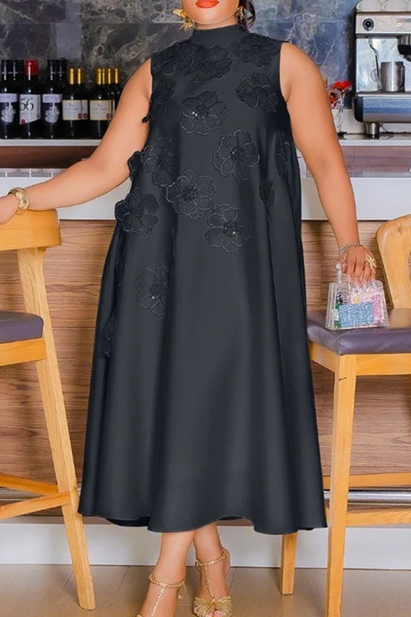 Black Casual Solid Color Strap Design Flower Shape O Neck Long Dresses