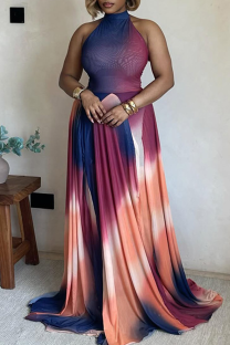 Pink Purple Elegant Gradient Backless O Neck Long Dresses
