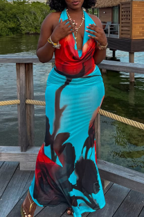 Blue Sexy Print Backless Halter Long Dresses