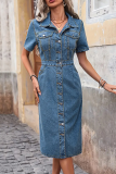 Light Blue Sexy Solid Color Buckle Turndown Collar Short Sleeve Bodycon Denim Dresses