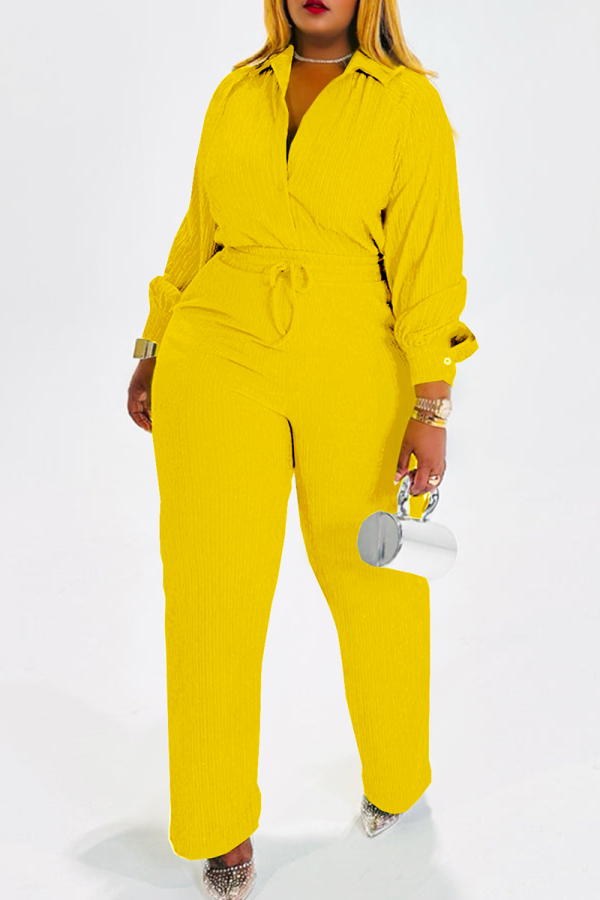 Yellow Casual Solid Color Draw String Turndown Collar Long Sleeve Two Pieces