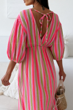 Orange Pink Casual Vacation Stripe Patchwork V Neck Long Dresses