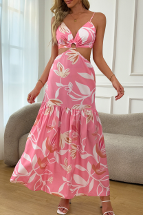 Pink Sexy Print Hollow Out Spaghetti Strap Long Dresses