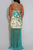 Green Elegant Print Fringed Trim Backless Halter Long Dresses