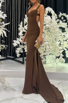 Brown Elegant Solid Color Backless Spaghetti Strap Evening Dresses