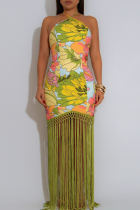 Green Elegant Print Fringed Trim Backless Halter Long Dresses