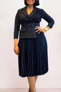 Black Elegant Solid Color With Belt Pleated Turndown Collar Long Dresses