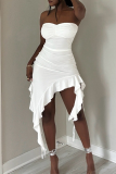 White Sexy Solid Color Ruffle Hem Strapless Irregular Dresses