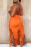 Orange Sexy Solid Color Fringed Trim Stringy Selvedge Spaghetti Strap Irregular Dresses