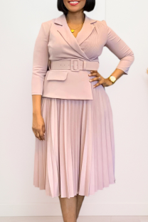Pink Elegant Solid Color With Belt Pleated Turndown Collar Long Dresses