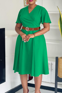 Green Elegant Solid Color With Belt V Neck Long Dresses