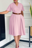 Pink Elegant Solid Color With Belt V Neck Long Dresses