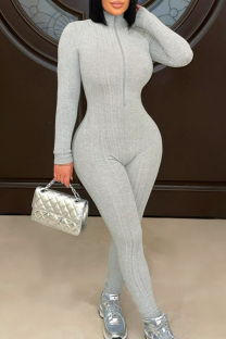 Grey Casual Sportswear Solid Color Zipper Turtleneck Skinny Jumpsuits