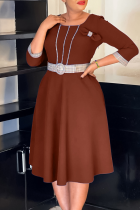 Brown Elegant Solid Color With Belt O Neck Long Dresses