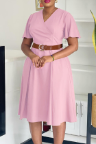 Pink Elegant Solid Color With Belt V Neck Long Dresses