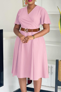 Pink Elegant Solid Color With Belt V Neck Long Dresses