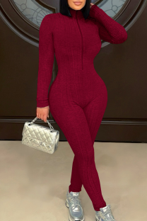 Red Casual Sportswear Solid Color Zipper Turtleneck Skinny Jumpsuits