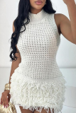 Cream White Sexy Solid Color Fringed Trim O Neck Wrapped Skirt Dresses