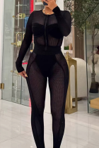 Black Casual Solid Color Mesh Zipper O Neck Long Sleeve Two Pieces